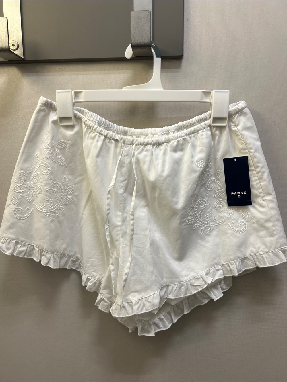 Parke Target Collab White Embroidered Ruffle Shorts